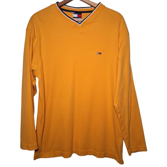 Tommy Hilfiger Other - Vintage 1990s Tommy Jeans Shirt Men L Ribbed Knit Gold Long Sleeve V Neck